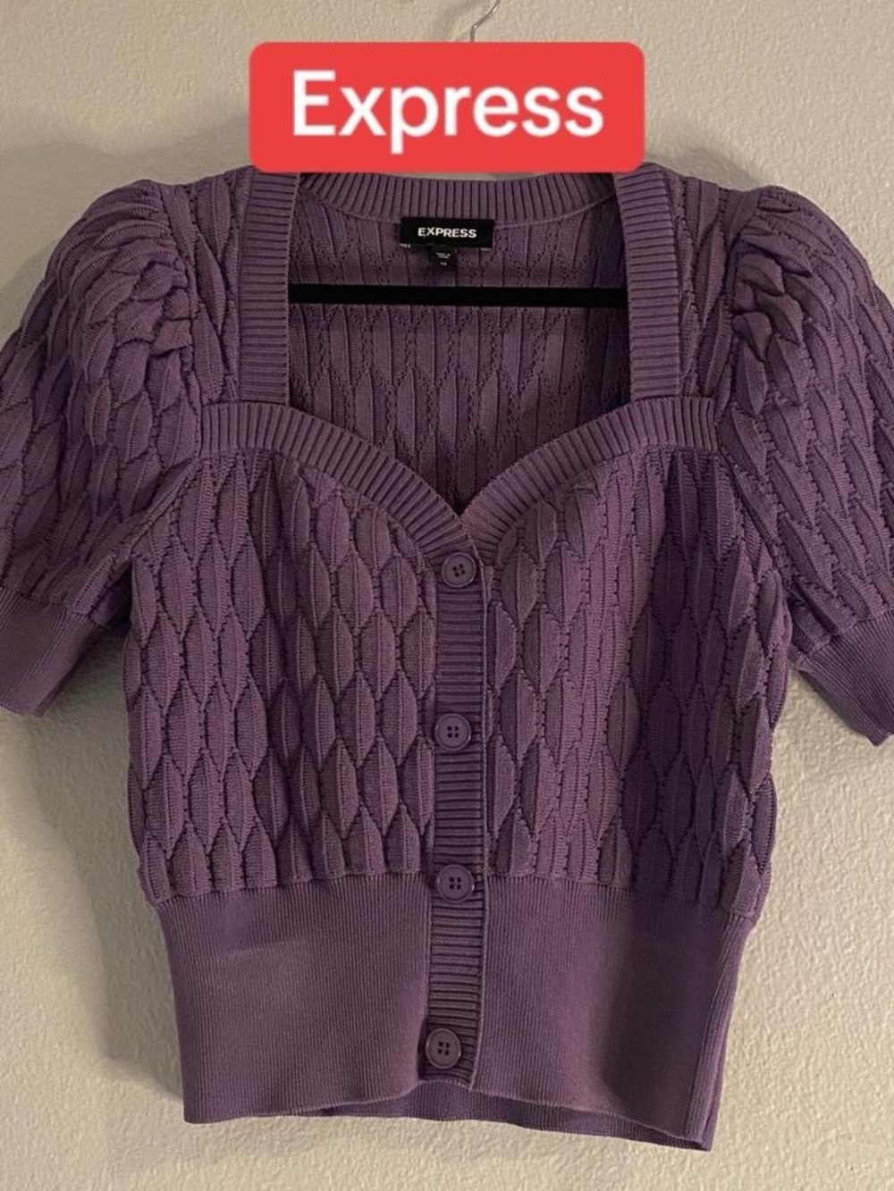 Express Purple Short-Sleeve Cable Knit Cardigan